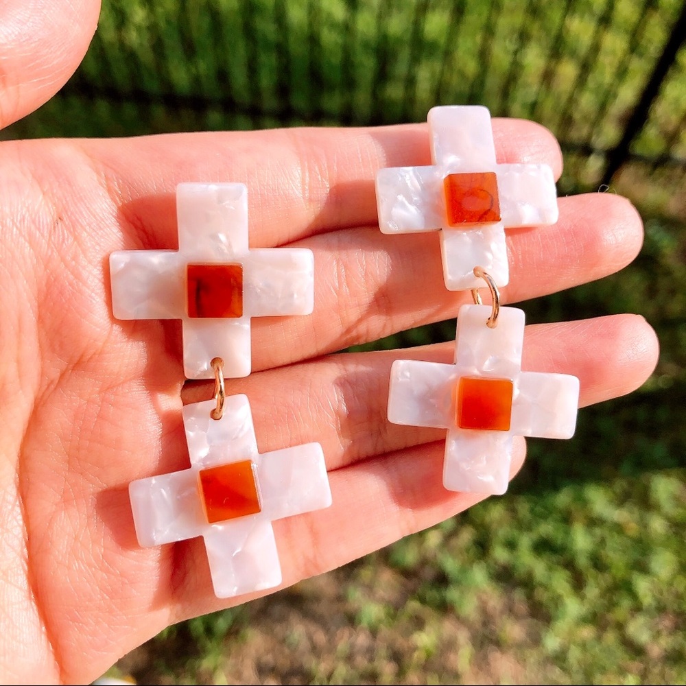 Handmade resin white cross earrings